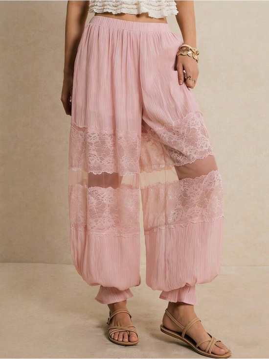 MDM Lux Pants - Blush Pink Lace Tiered Wide-Leg Pants – Chic Boho Lounge Set Bottom